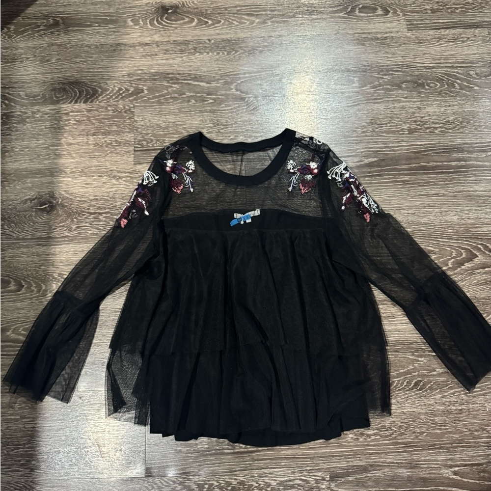 Elegant Black Sheer Embroidered Women's Top